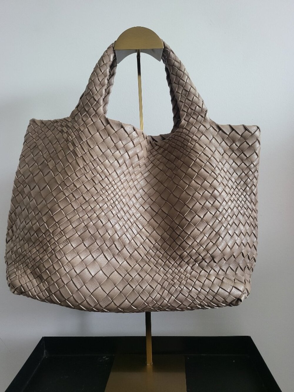Taupe woven leather handbag